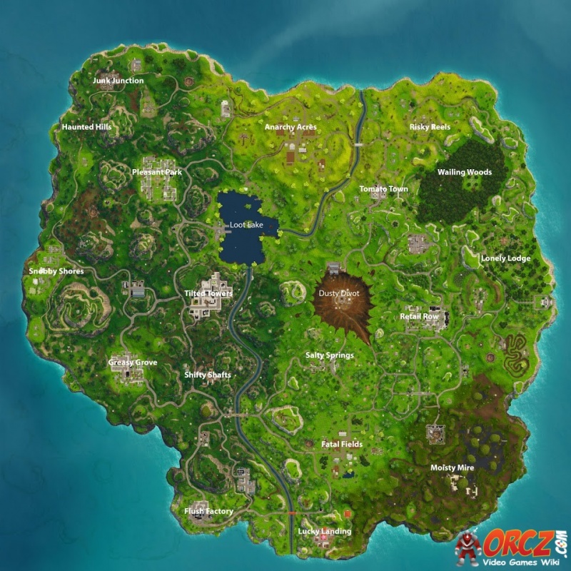 From Dusty Divot to Loot Lake to Salty Springs to Tomato Town to Retail Row to Tilted Towers to Anarchy Acres to Wailing Woods to Fatal Fields to Shifty Shafts to Pleasant Park to Lonely Lodge to Moisty Mire to Haunted Hills to Lucky Landing to Snobby Shores to Junk Junction